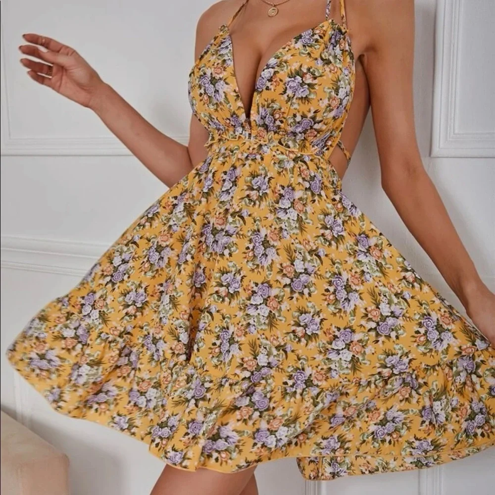Boho Floral Halter Backless Plunging Neck Dress - Picture 12 of 12